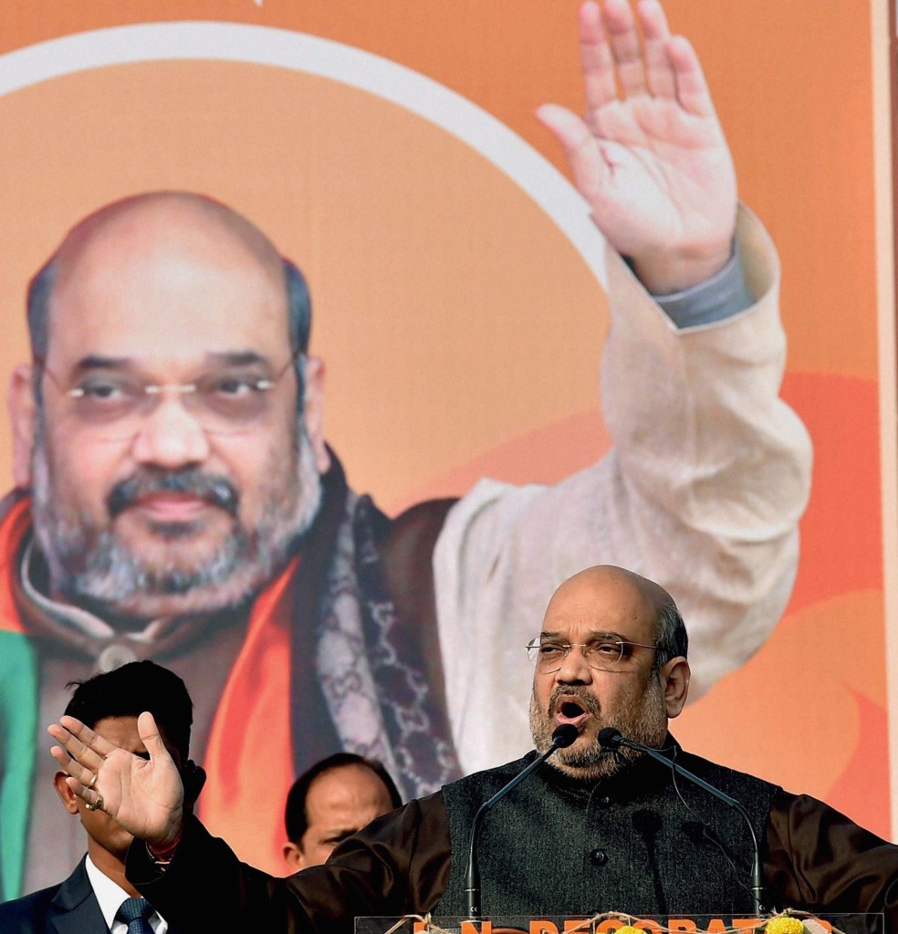 Larger than life. Amit Shah at a recent political rally. Credit: PTI