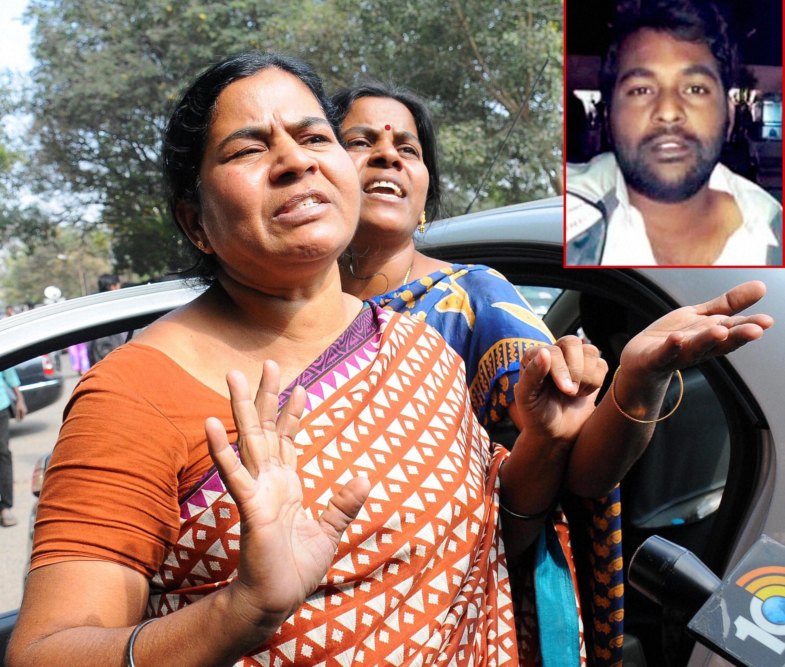 Hyderabad: Mother of Rohith Vemula (inset), a doctoral student at the Hyderabad Central University who was found hanging in a hostel room, speaking to media in Hyderabad on Monday. Credit: PTI