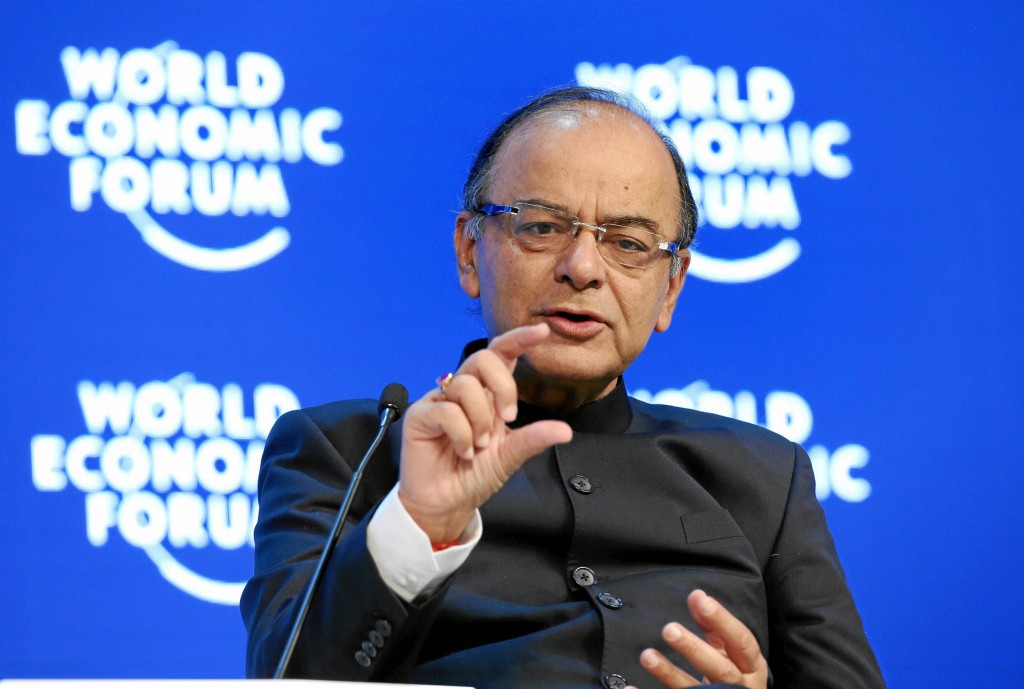 Finance Minister Arun Jaitley speaking at the World Economic Forum in Davos, Switzerland on Saturday. Credit: PTI Photo