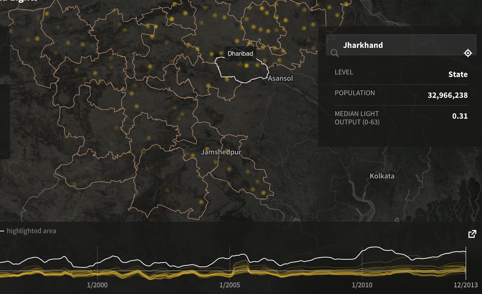 Screengrab from India Lights: District-wise light output in Jharkhand, with focus on Dhanbad. Source:  http://india.nightlights.io/#/state/jharkhand/2013/12