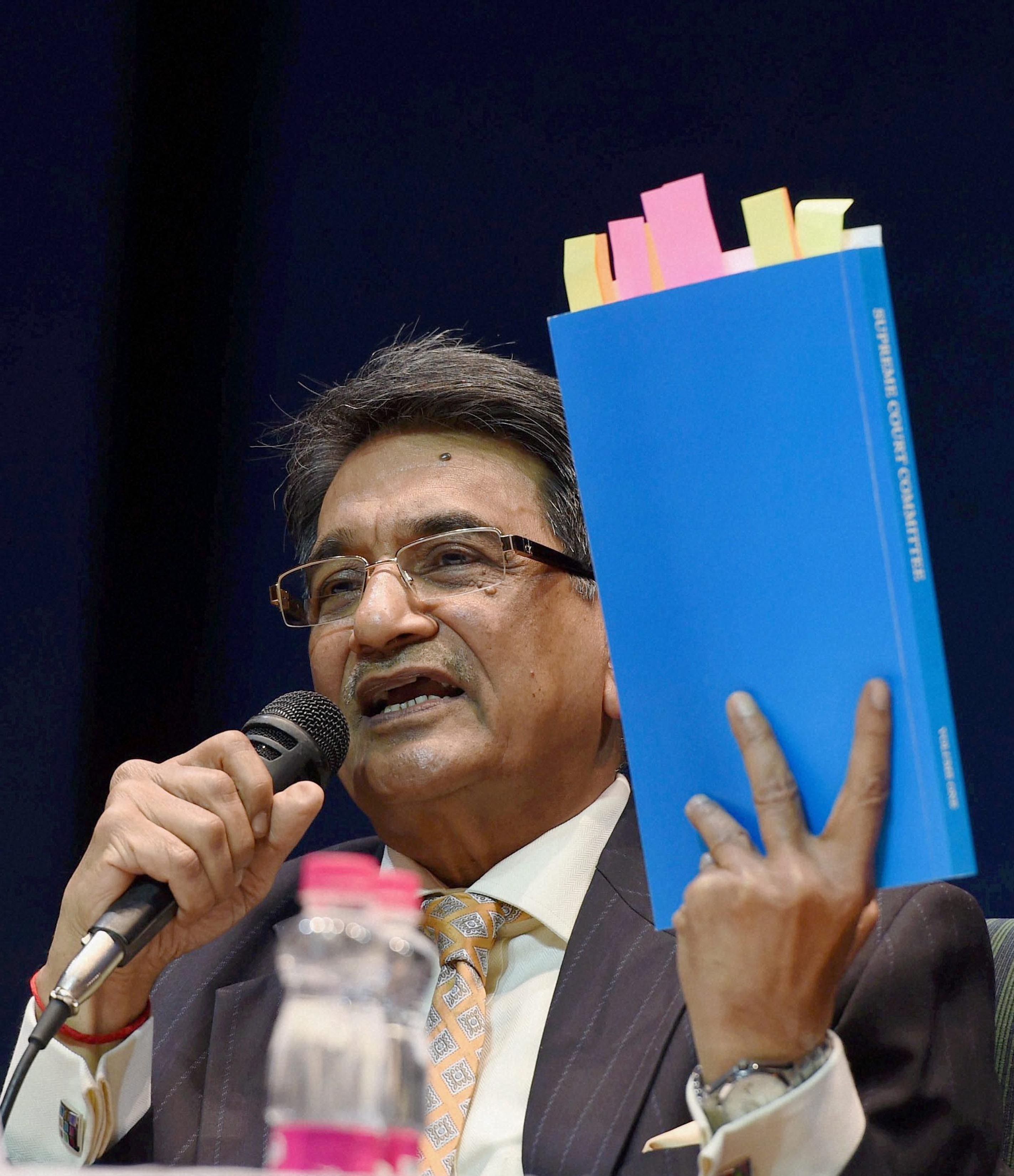 Chairman of the Supreme Court Committee on Reforms in Cricket, Justice (retd.) R M Lodha addressing a press conference after tabling the committee's report in New Delhi on January 4. Credit: PTI Photo by Subhav Shukla