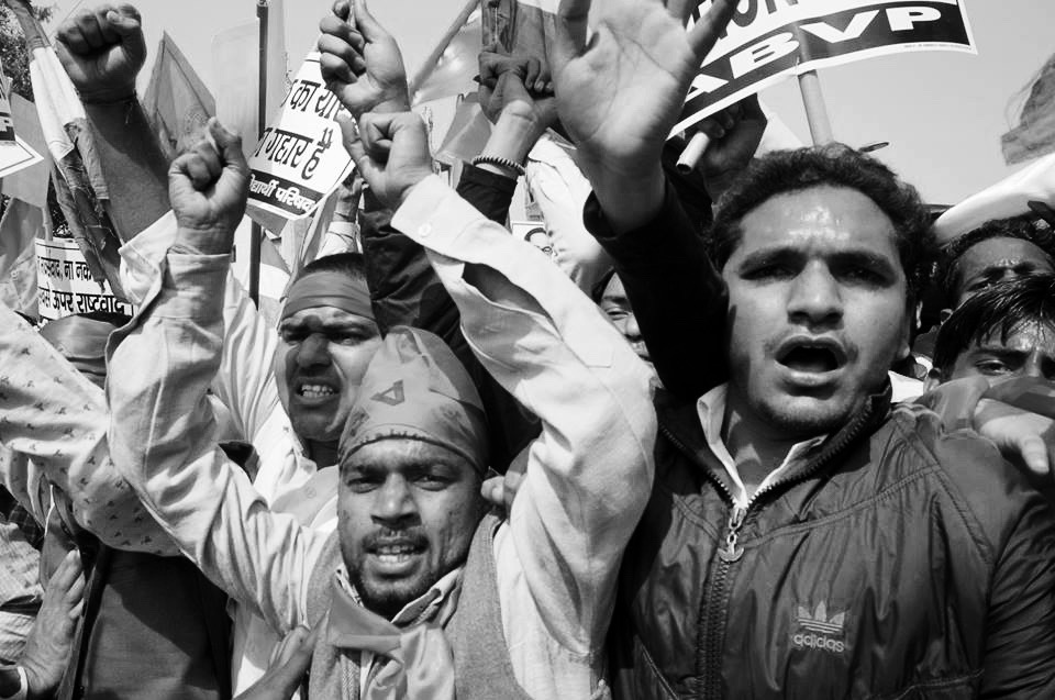 ABVP members at a protest in New Delhi against the JNU students charged with sedition for allegedly raising slogans. Credit: Shome Basu