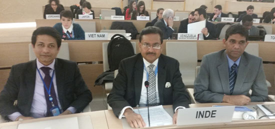India's ambassador to the UN in Geneva, Ajit Kumar (centre) in the chamber of the UNHRC. Credit: pmindiaun.org