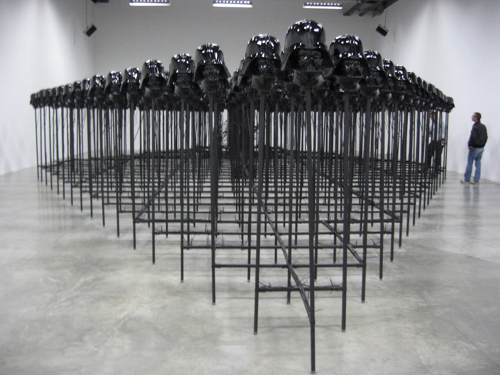 Fabien Giraud & Raphaël Siboni's Last Manoeuvres in the Dark is a networked field of 300 terracotta Darth Vader masks, perched on high sticks and aligned in a military formation like the Xian army. Credit: nadya/Flickr, CC BY 2.0