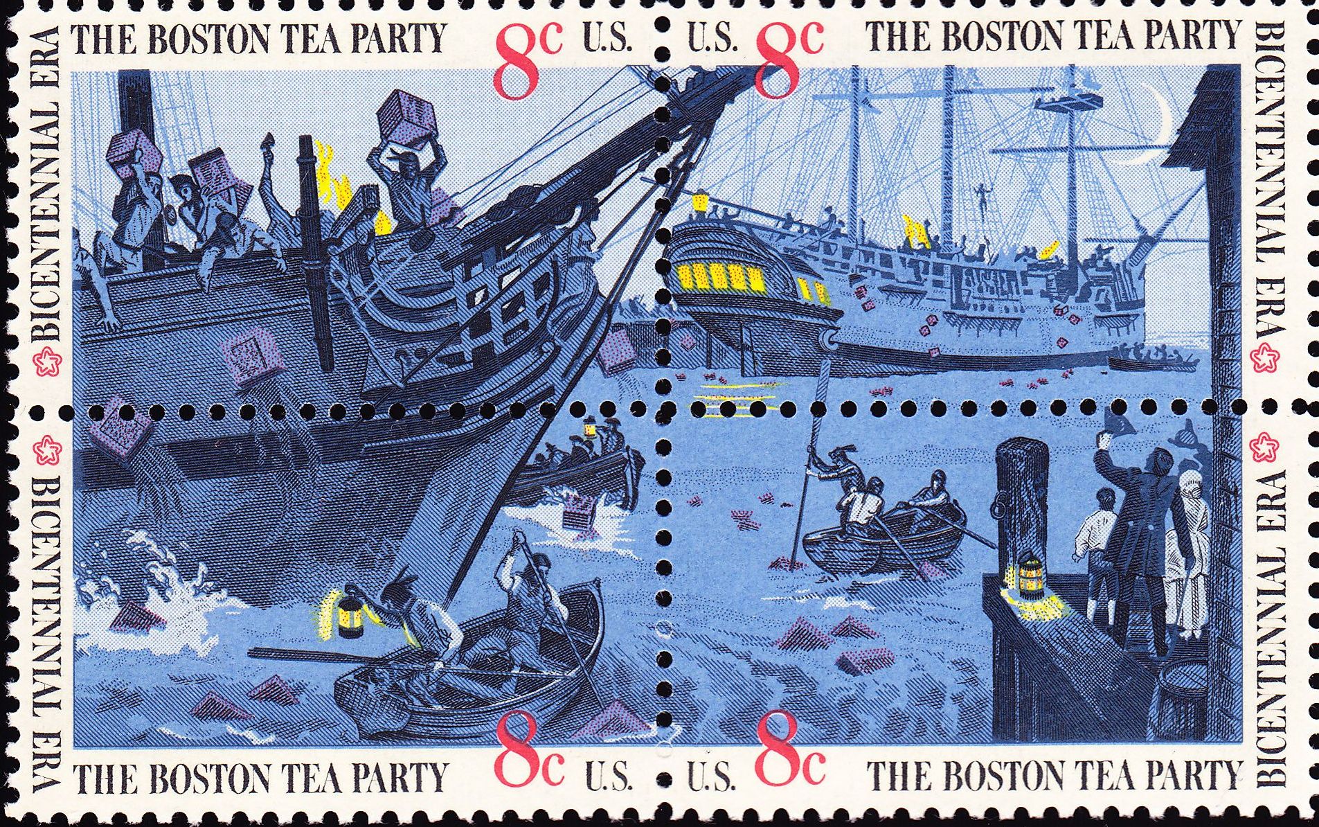 In 1973 the US Post Office issued a set of four stamps, together making one scene of the Boston Tea Party. Credit: Wikimedia Commons