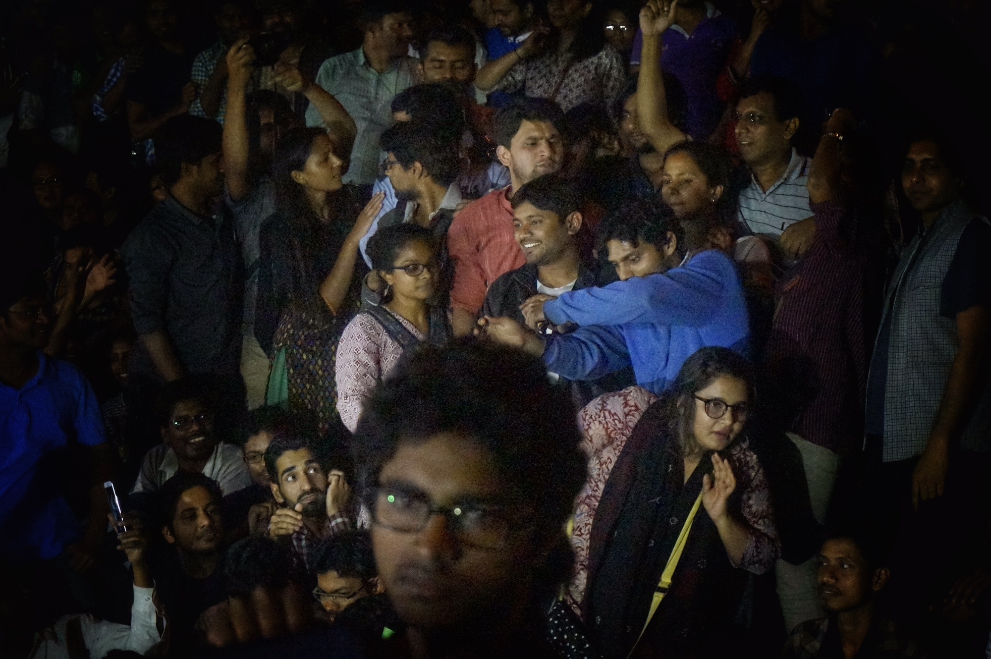 JNU student leader Kanhaiya Kumar with supporters on the university campus after he was released from jail on bail Thursday evening. Credit: Shome Basu