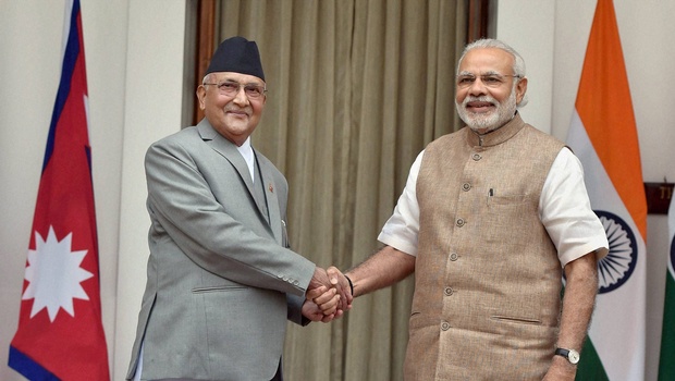 Prime Minister Narendra Modi and his Nepalese counterpart K P Oli seen at their meeting last month. Credit: PTI