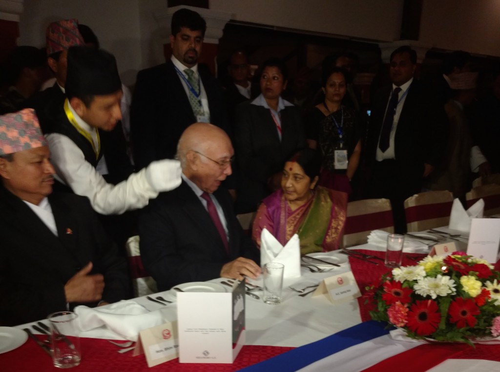 Sushma Swaraj and Sartaj Aziz at the SAARC ministerial dinner in Pokhara, Nepal on Wednesday, March 16, 2016. Credit: Devirupa Mitra
