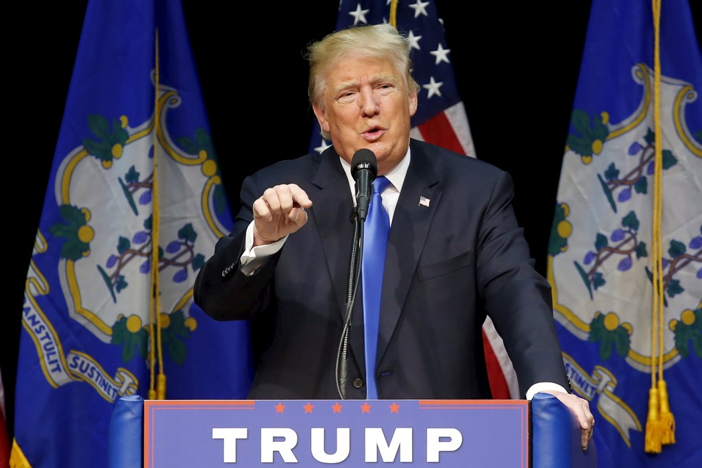 US Republican presidential candidate Donald Trump speaks to supporters during a campaign rally at Crosby High School, in Waterbury, Connecticut, US, April 23, 2016. REUTERS/Eduardo Munoz