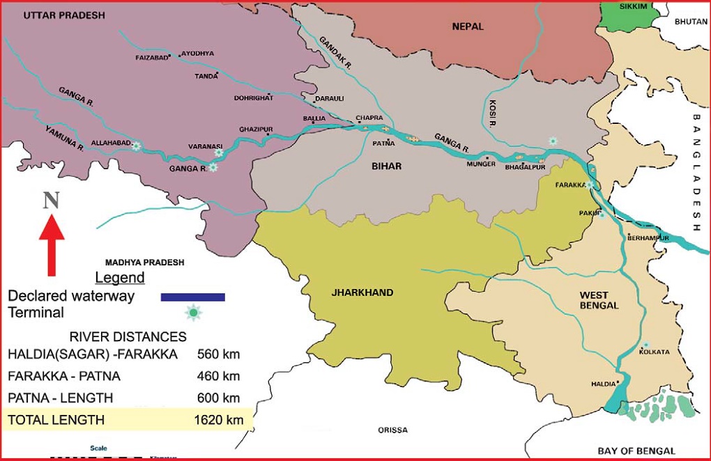 Map of proposed National Waterway 1. Credit: Thirdpole/Water Resources Information System of India