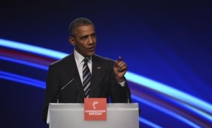 US President Barack Obama gestures as he makes a speach during the opening ceremony of the Hannover Messe in Hanover, Germany April 24, 2016. Credit: Reuters