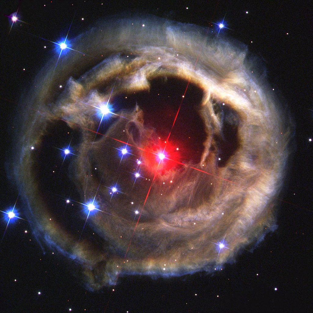 The V838 Monocerotis is the ninth largest known star, almost 200-times as wide as the Sun. It could once have been much larger because, since its spotting in 2002, it has been found to be shrinking. And it was spotted at all in that year because it experienced a major outburst of some kind whose precise details continue to remain fuzzy. Hubble’s snap also reveals a light echo, which is light reflected from dust surrounding the star. In V838’s case, the dense cloud of gas and dust is actually behind the star but appears to be in front of it thanks to the echo. The star is located 20,000 lightyears away. Credit: NASA/ESA