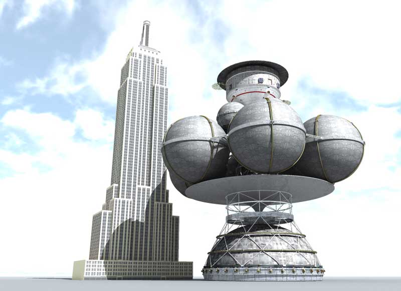 The size of the (unbuilt) Daedalus starship compared to the Empire State Building, which is 443 metres tall. Credit: Adrian Mann/bisbos.com