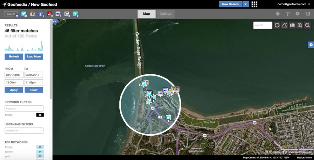 Geofeedia collects geotagged social media messages to monitor breaking news events in real time. Credit: Screengrab from Geofeedia’s website.
