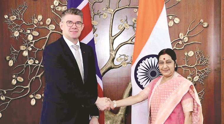 External Affairs Minister Sushma Swaraj with Iceland's Foreign Minister Gunnar Bragi Sveinsson during a meeting in New Delhi on Tuesday. Credit: PTI