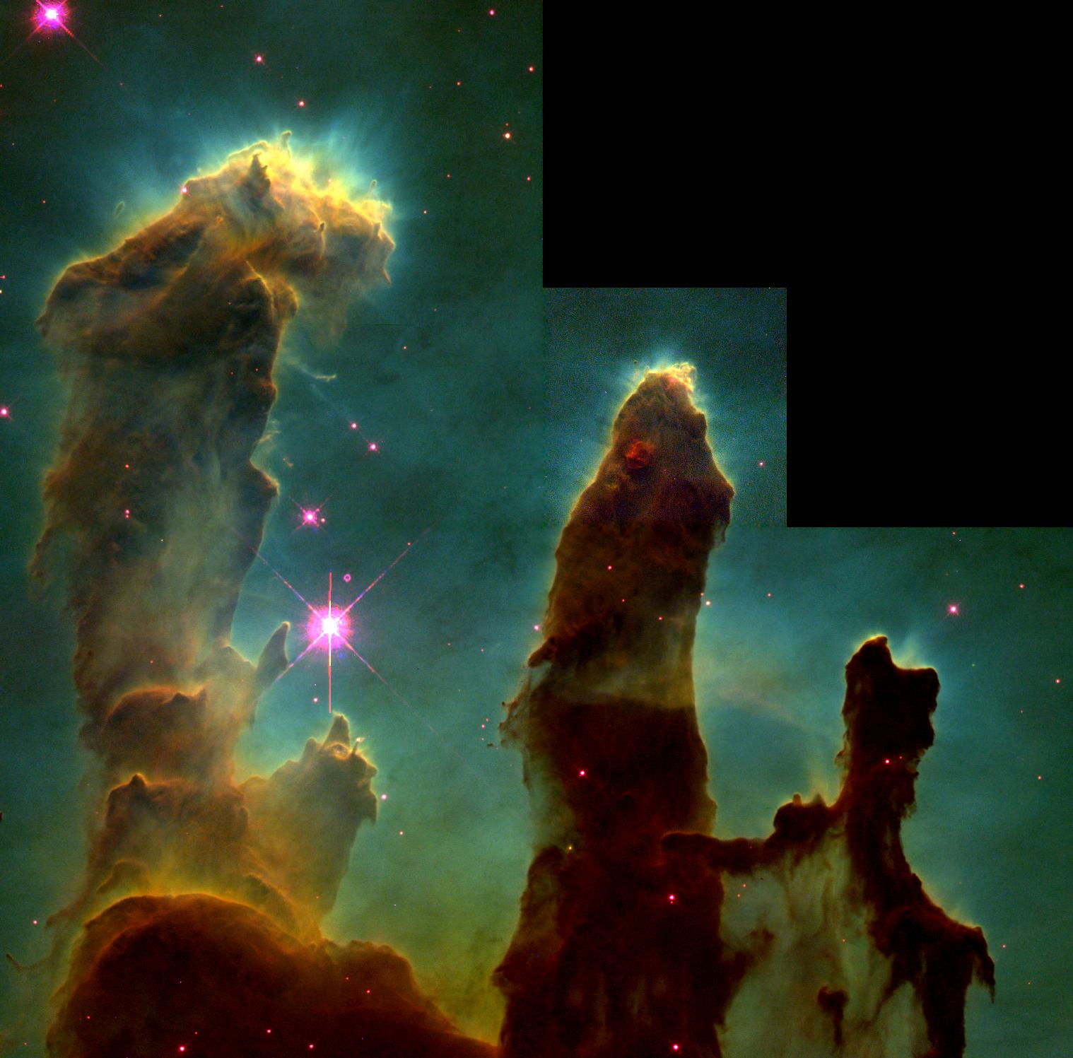 Undersea corral? Enchanted castles? Space serpents? These eerie, dark pillar-like structures are actually columns of cool interstellar hydrogen gas and dust that are also incubators for new stars. The pillars protrude from the interior wall of a dark molecular cloud like stalagmites from the floor of a cavern. They are part of the Eagle Nebula, a nearby star-forming region 6,500 light-years away in the constellation Serpens. Caption and credit: NASA, ESA, STScI, J. Hester and P. Scowen (Arizona State University)