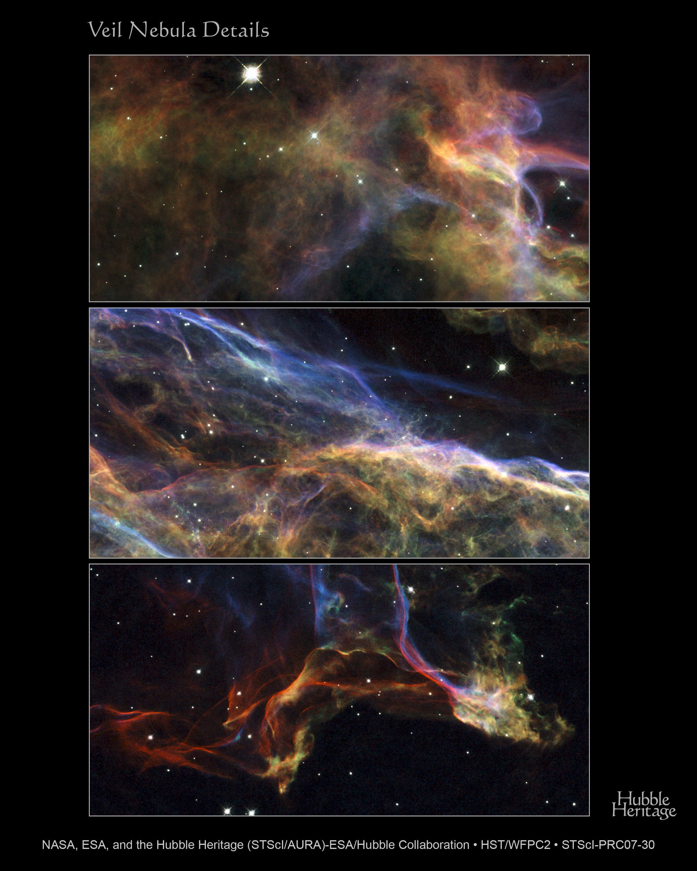 NASA's Hubble Space Telescope photographed three magnificent sections of the Veil Nebula, the shattered remains of a supernova that exploded thousands of years ago. This series of images provides beautifully detailed views of the delicate, wispy structure resulting from this cosmic explosion. The Veil Nebula is one of the most spectacular supernova remnants in the sky. The entire shell spans about 3º on the sky, corresponding to about six full moons. Also known as the Cygnus Loop, the Veil Nebula is located in the constellation of Cygnus, the Swan. It is about 1,500 light-years away from Earth. Credit: NASA, ESA, and the Hubble Heritage (STScI/AURA)-ESA/Hubble Collaboration
