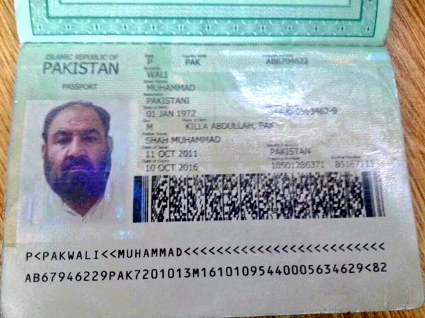 The Pakistani passport Mullah Mansour was reportedly carrying. Credit: Twitter