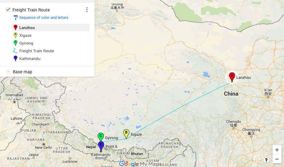 The route of the freight train, from Lanzhou to Xigaze through Gyirong to Kathmandu. Credit: Google Maps