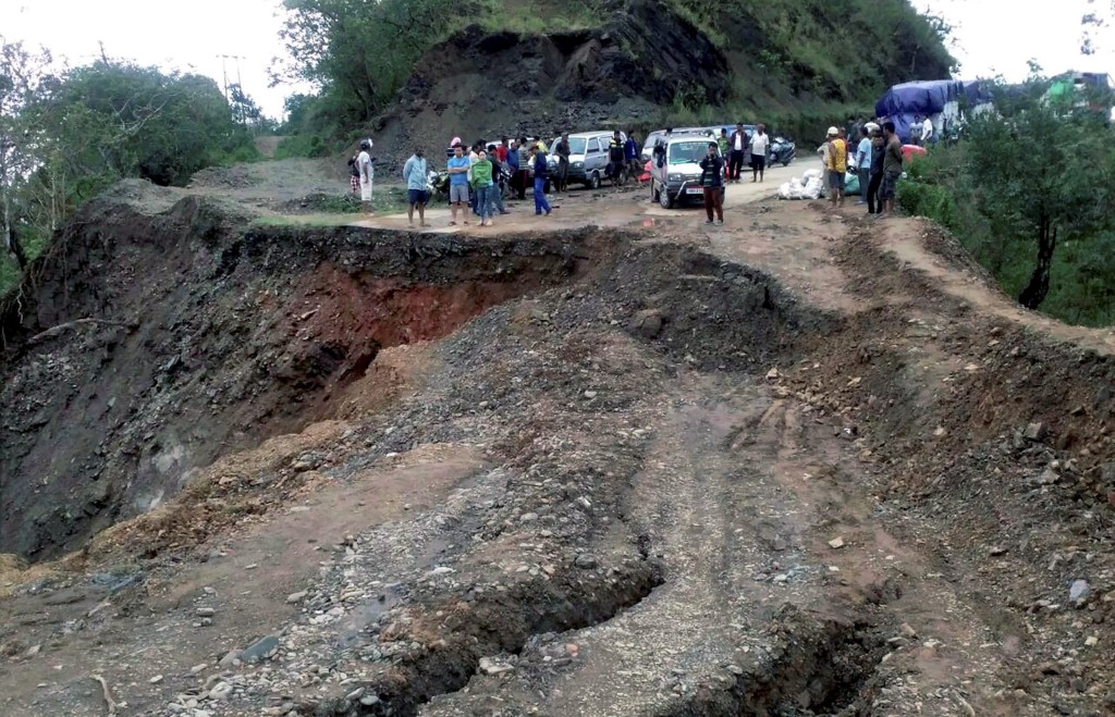 National Highway 2 – the Imphal Moreh road – is washed away due to land slides at Holejang in Chandel district Manipur on Monday. Credit: PTI