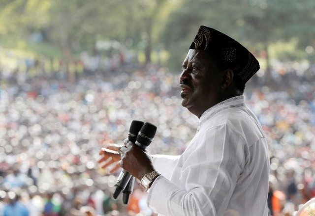 Kenyan opposition leader of the Coalition for Reforms and Democracy (CORD), Raila Odinga addresses supporters at a rally to celebrations to mark Kenya's Madaraka Day, the 53rd anniversary of the country's self rule, at Uhuru Park grounds in Nairobi, Kenya, June 1, 2016. Credit: Reuters/Goran Tomasevic
