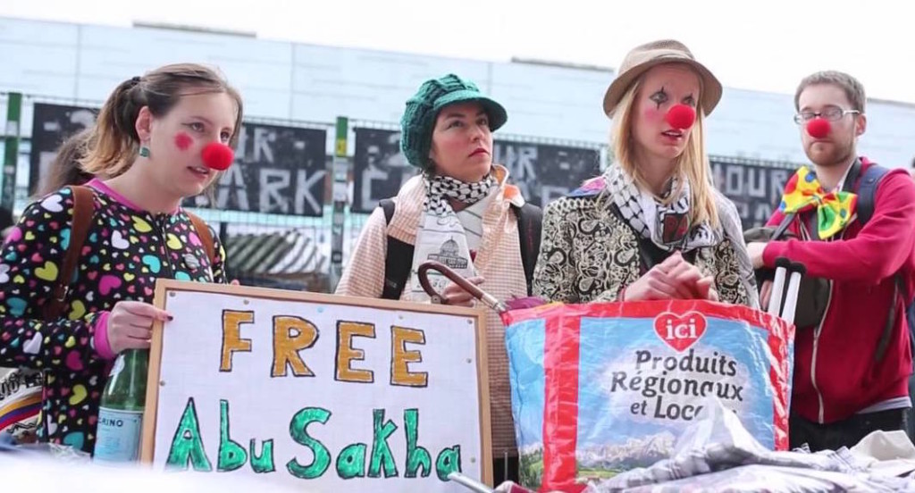 A protest against the Palestinian clown Abu Sakha's administration detention by Israel. Credit: Youtube
