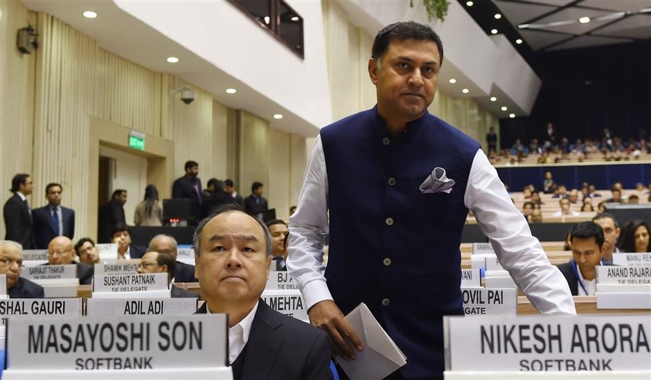 Nikesh Arora and Masayoshi Son at the Start-Up India event in New Delhi. Credit: PTI