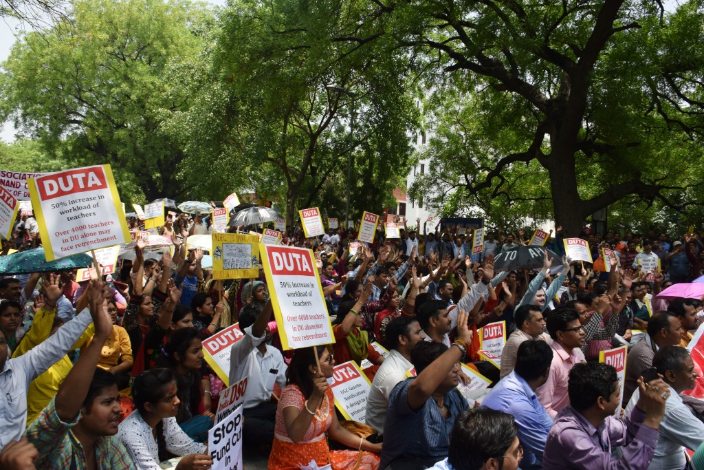 University teachers in Delhi protesting the . Credit: Trina Shankar