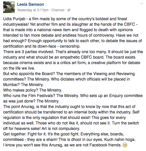 Leela Samson's June 8 Facebook post about the Udta Punjab controversy. Credit: Facebook