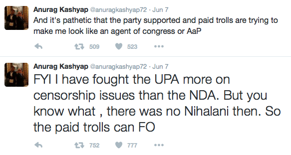 Anurag Kashyap's latest tweets about the Udta Punjab controversy. Credit: Twitter