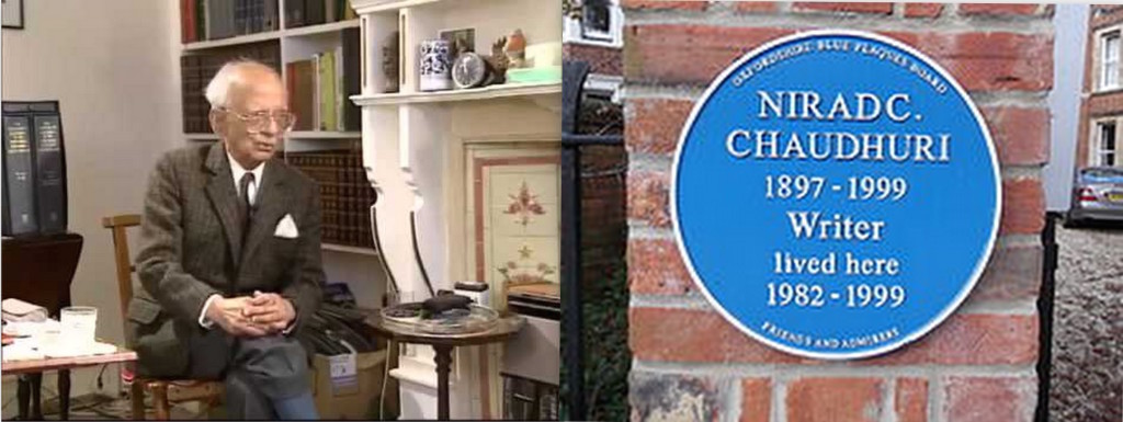 Nirad C. Chaudhuri in his home in north Oxford, and the plaque outside his house. Credit: Youtube, Wikipedia