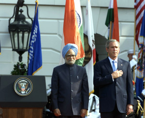 Manmohan Singh with George W Bush at the White House, Washington on July 18, 2005. Credit: Photo Division/GOI