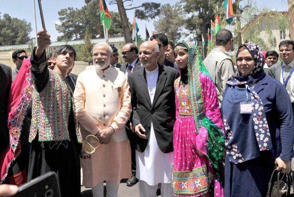 Prime Minister Narendra Modi and the President of Afghanistan, Mohammad Ashraf Ghani, in a group photograph in Herat, Afghanistan on Saturday. Credit: PTI