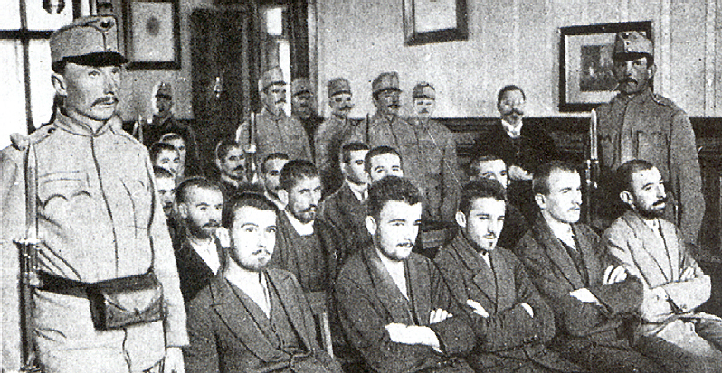 Gavrilo Princip, sitting at the centre of the front row, at his trial on December 5, 1914. Credit: Wikimedia Commons