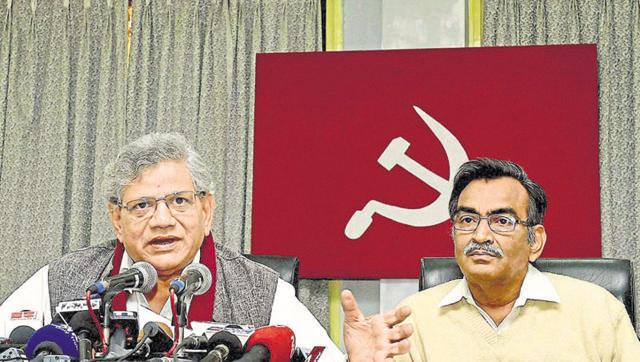 CPI(M) leader Sitaram Yechury, speaking to the media after the recent election results. Credit: PTI