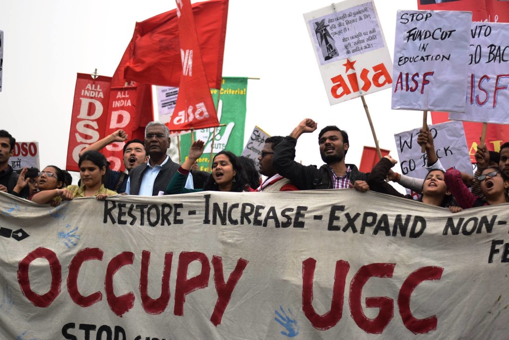 Students at the 'Occupy UGC' protest. Credit: Akhil Kumar