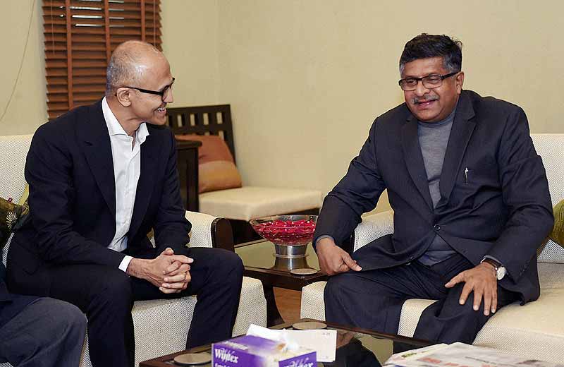 Microsoft CEO Satya Nadella with Information Technology Minister Ravi Shankar Prasad. Credit: PTI