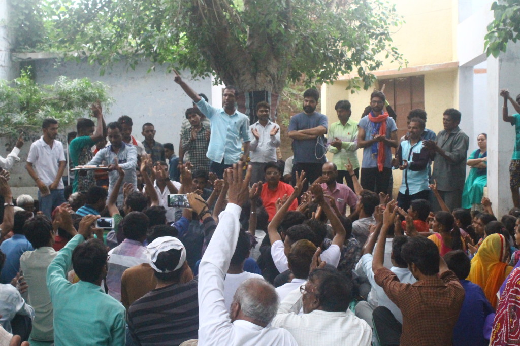 The leader of the movement while delivering a speech at Beghva village. This is where the Dalits in the meeting tell the organizers and leaders of the movement how untouchability is still practiced. Credit: Damayantee Dhar