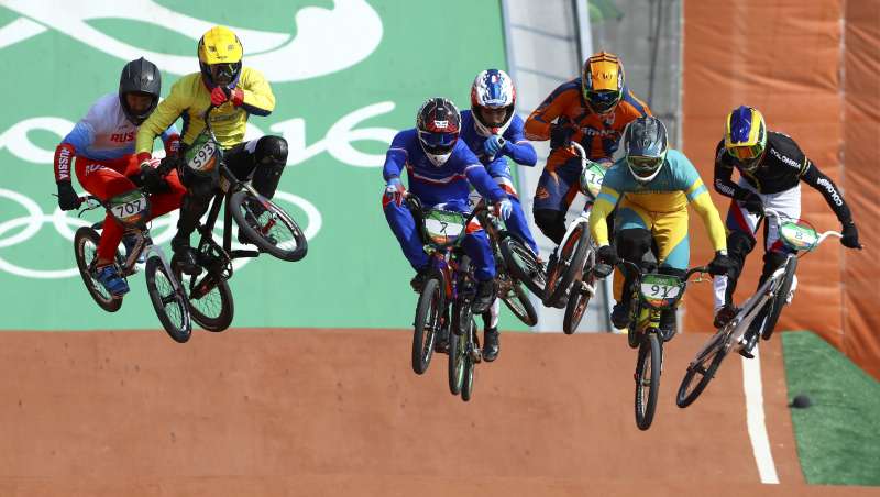 The men's BMX cycling quarter finals at the Rio Olympis. Credit: Reuters/Paul Hanna