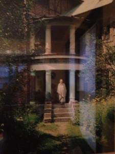 The author's childhood home, her grandmother standing on the verandah. Source: Sudha Koul 