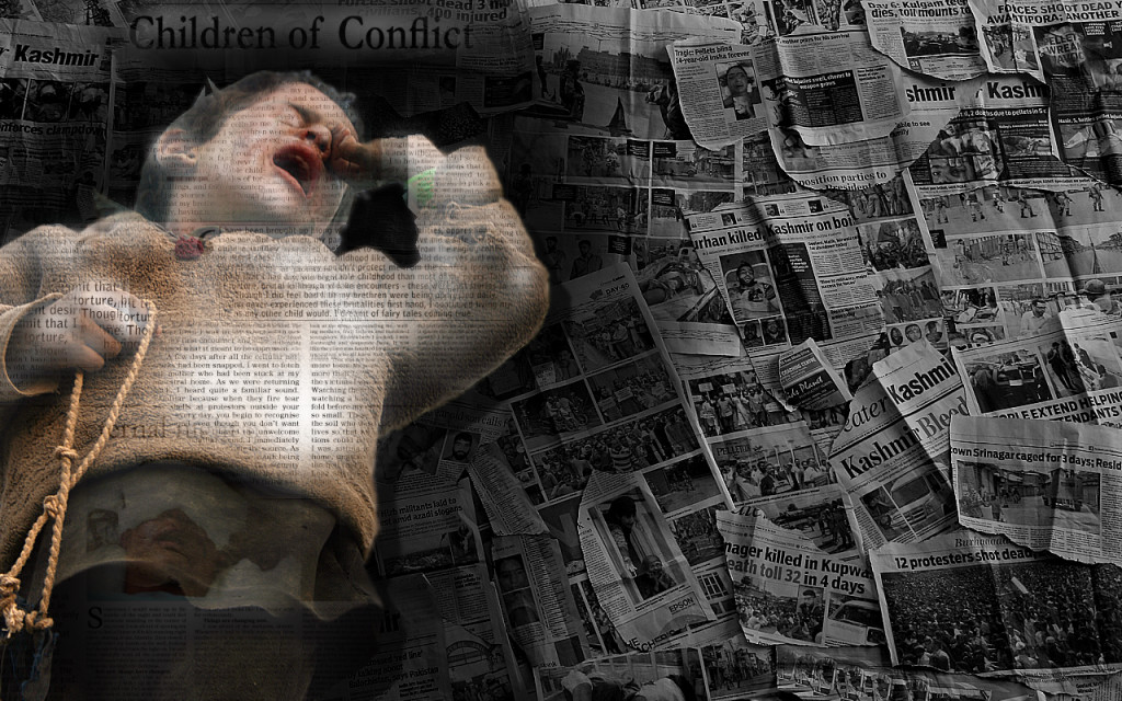 Children of conflict: The normalcy of school and play is a fantasy for a generation that has grown up in the midst of turmoil, being at the receiving end of violence from time to time. When the string of innocent games becomes the stone-throwing catapult, the loss of childhood is complete. The artist mourns this rite of passage that Kashmir's young have to endure. Credit: Masood Hussain