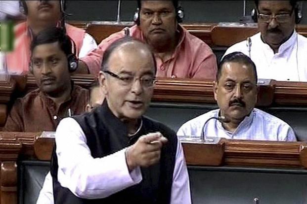 Arun Jaitley speaking at the parliament session on GST on Wednesday. Credit: PTI
