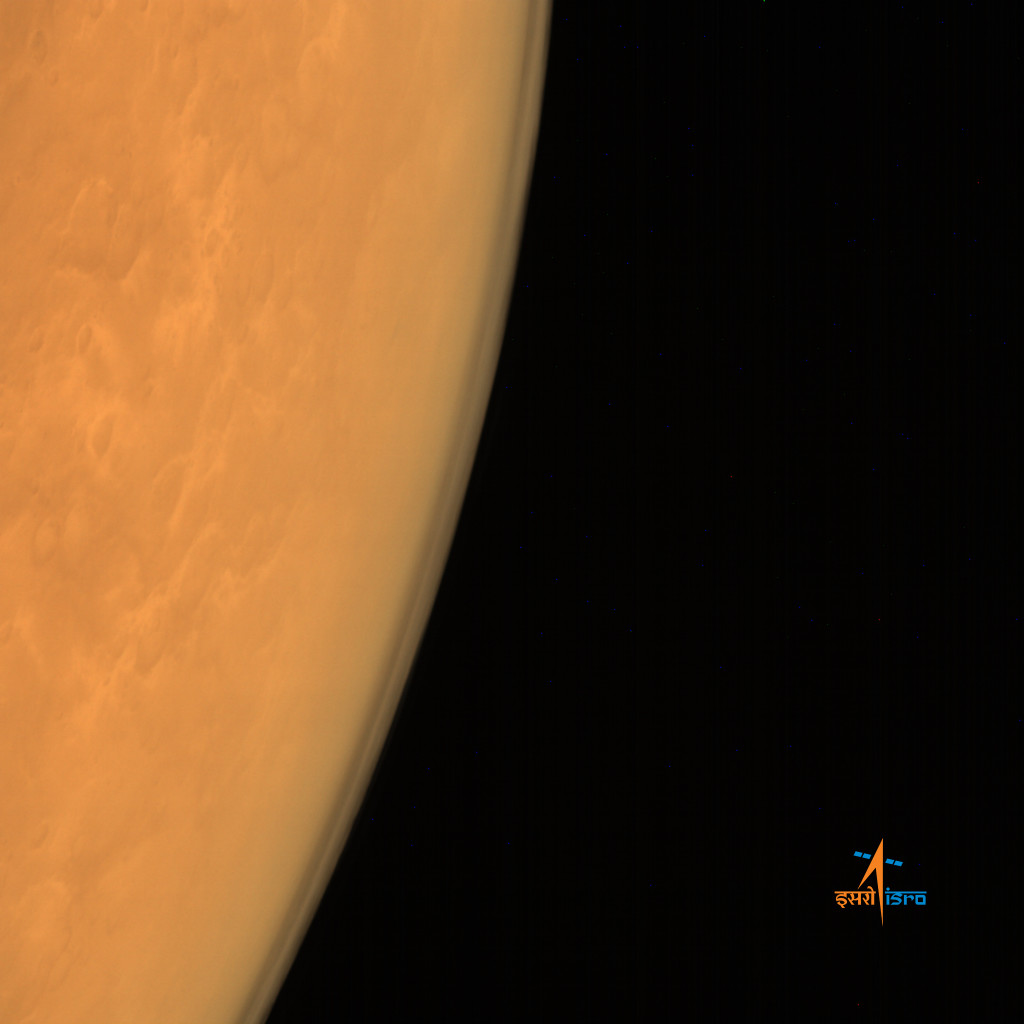 An image of Mars taken by the Colour Camera onboard MOM-1 from a height of 8,449 km. Credit: ISRO