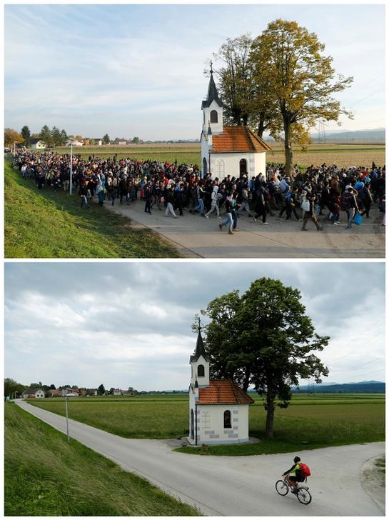A combination picture shows migrants walking from Dobova towards a transit camp in Brezice, Slovenia October 21, 2015 (top) and the same location