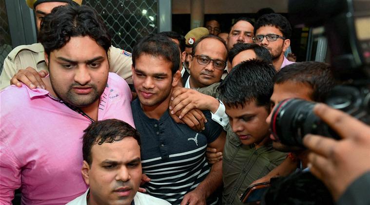 Wrestler Narsingh Yadav coming out of the NADA office after a hearing, in New Delhi. Credit: PTI/Shahbaz Khan 