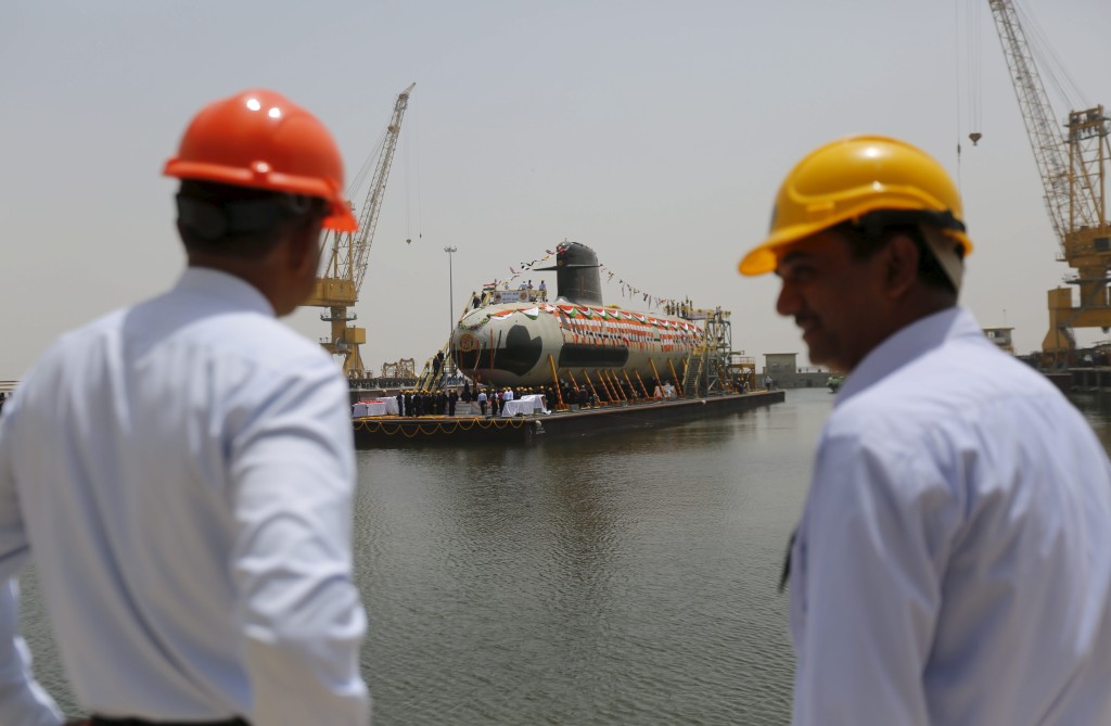 File photo of the Indian Navy’s first Scorpene-class submarine undocked from Mazagon Docks Ltd in Mumbai. (Photo: Reuters/Shailesh Andrade)