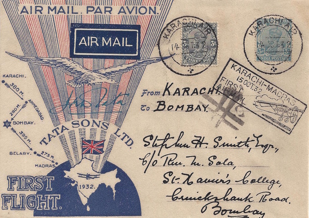 Actual mail flown from Karachi to Bombay on the flight piloted by JRD Tata on 15th October 1932. This was the first flight of the Aviation Division of Tata Sons Ltd. Credit: airindiacollector.com