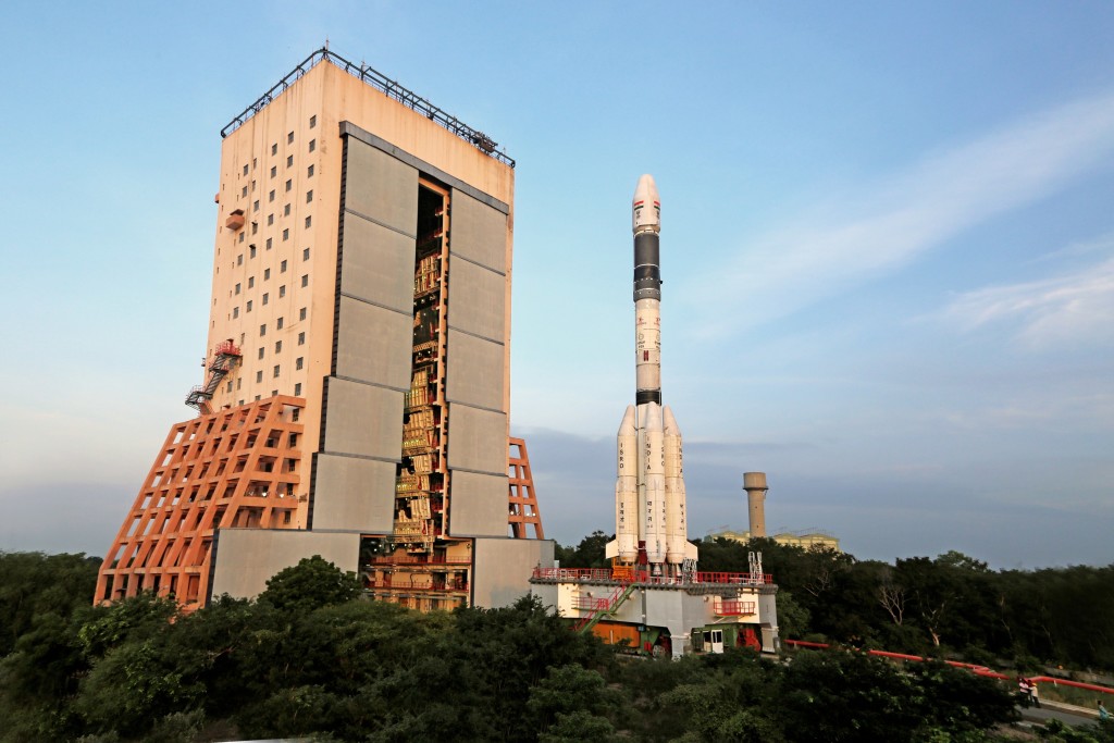 A GSLV-MkII rocket right outside the vehicle assembly building at SHAR, Sriharikota. Credit: ISRO