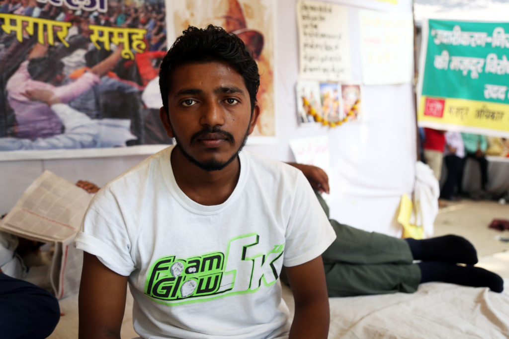 Vipin Paul returned to the site of the protest after being taken to the hospital when he fainted on September 26. Credit: Hina Fathima