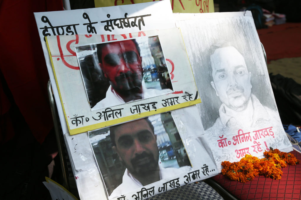 Poster of Anil Jakhad, a terminated Honda employee who died in a bike accident in Haryana on September 18. A candlelight vigil was held for him over the weekend. Credit: Hina Fathima